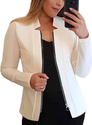 Bussiness Blazers for Women Notched Collar Suit Jacket Long Sleeve Work Office Blazer Jacket Solid Zipper Jackets