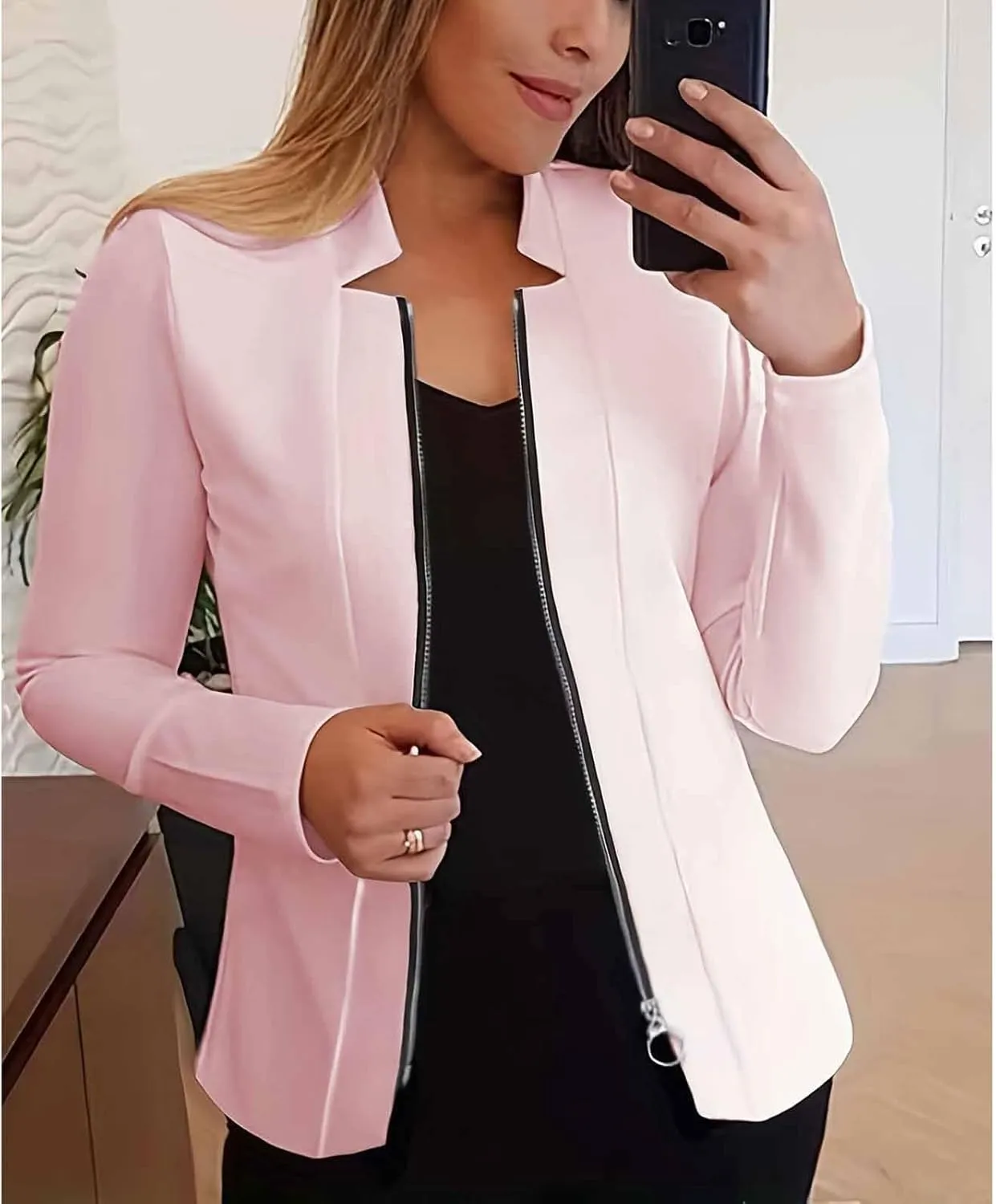 Bussiness Blazers for Women Notched Collar Suit Jacket Long Sleeve Work Office Blazer Jacket Solid Zipper Jackets