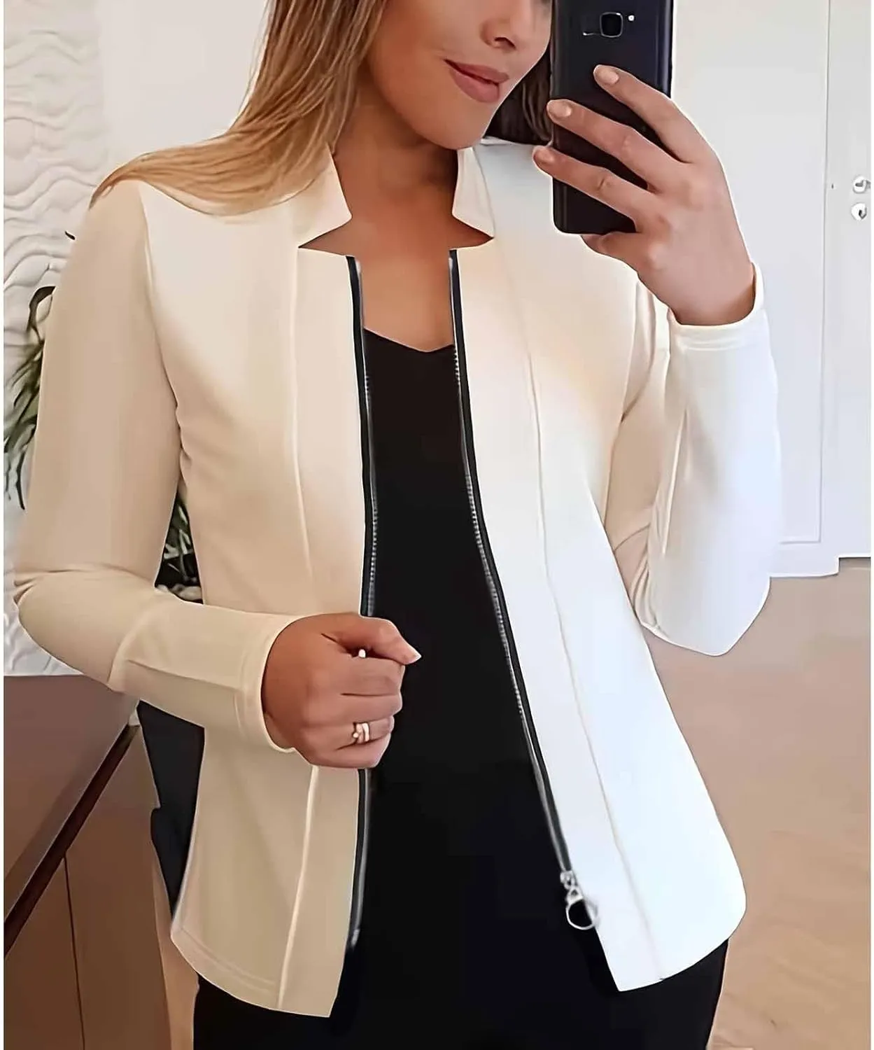 Bussiness Blazers for Women Notched Collar Suit Jacket Long Sleeve Work Office Blazer Jacket Solid Zipper Jackets