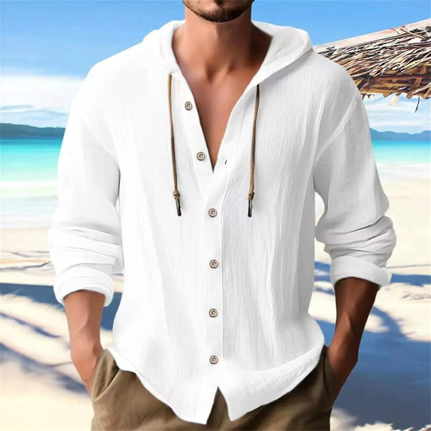 Button Down Hoodies for Men Long Sleeve Solid Color Cotton Linen Hooded Sweatshirts Trendy Casual Cardigans
