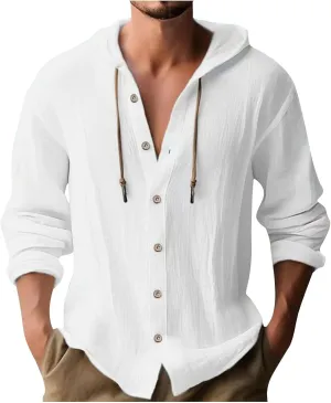 Button Down Hoodies for Men Long Sleeve Solid Color Cotton Linen Hooded Sweatshirts Trendy Casual Cardigans