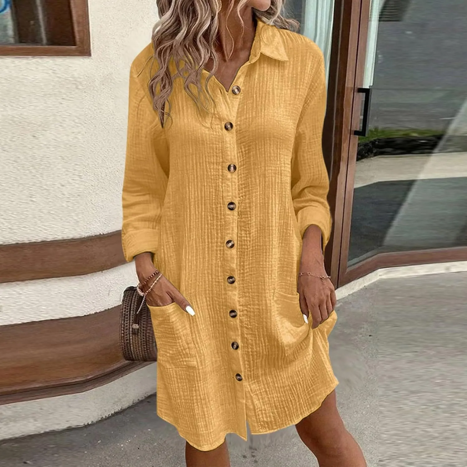 Button Down Shirt Dress for Women Summer Loose Tunic Shirt Dresses Short Sleeve Beach Cover Up Dress with Pockets