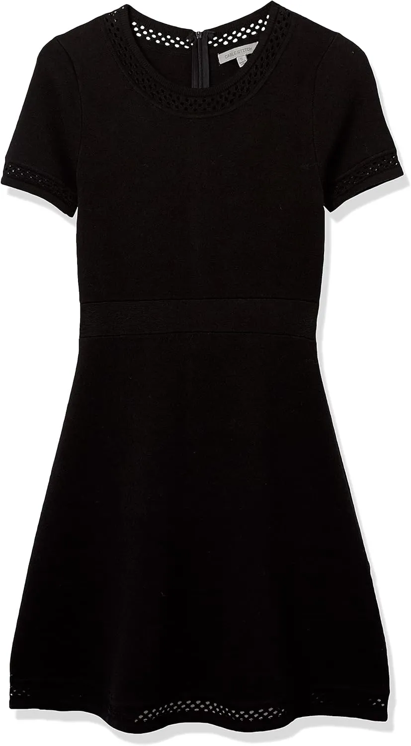 Cable Stitch Women's Fit-and-Flare Knit Dress - Crewneck Short Sleeve Midi Sweater Dress