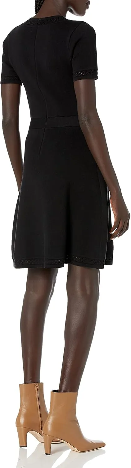 Cable Stitch Women's Fit-and-Flare Knit Dress - Crewneck Short Sleeve Midi Sweater Dress