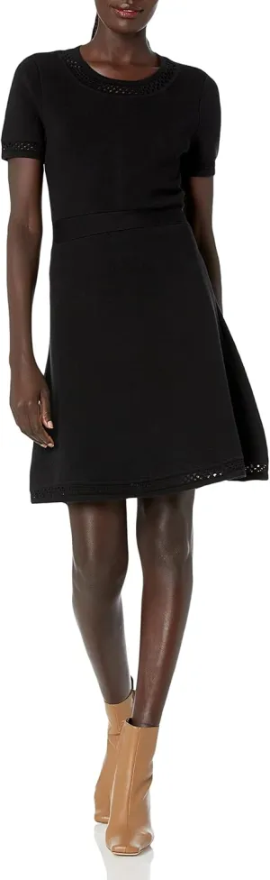 Cable Stitch Women's Fit-and-Flare Knit Dress - Crewneck Short Sleeve Midi Sweater Dress