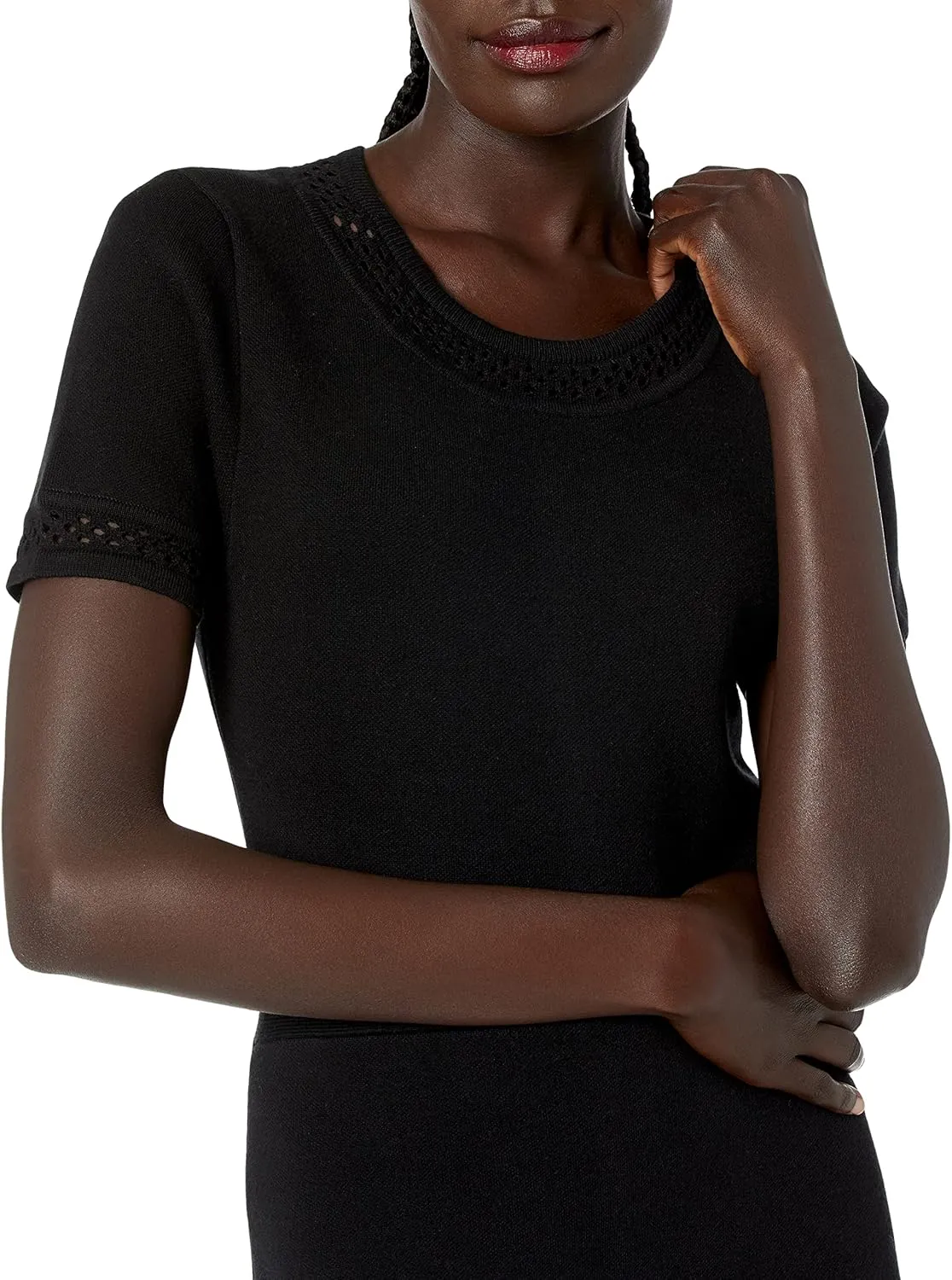 Cable Stitch Women's Fit-and-Flare Knit Dress - Crewneck Short Sleeve Midi Sweater Dress