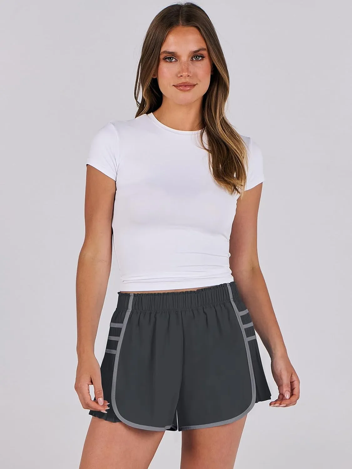 Caracilia Women Running Shorts Flowy Pleated Athletic Shorts Summer High Waisted Tennis Sporty Workout Gym Shorts