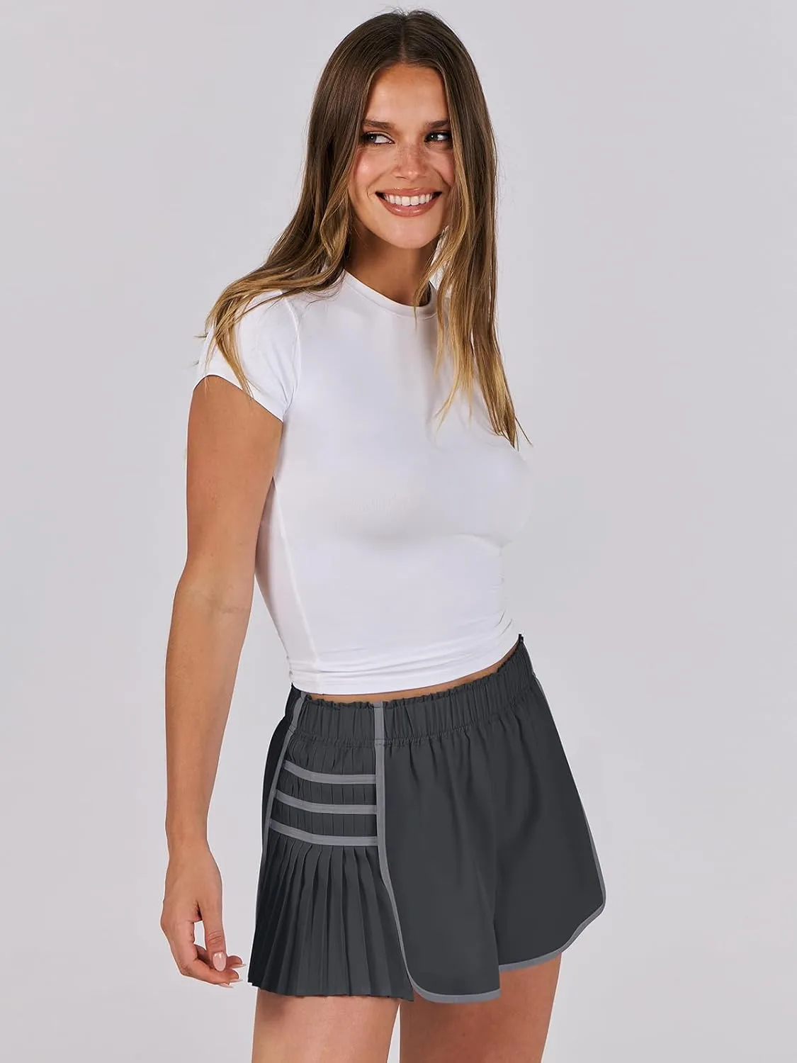 Caracilia Women Running Shorts Flowy Pleated Athletic Shorts Summer High Waisted Tennis Sporty Workout Gym Shorts