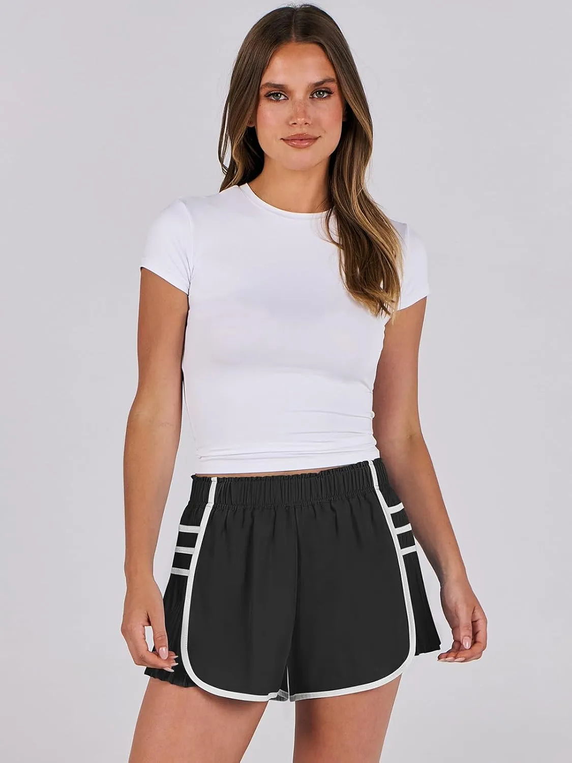 Caracilia Women Running Shorts Flowy Pleated Athletic Shorts Summer High Waisted Tennis Sporty Workout Gym Shorts