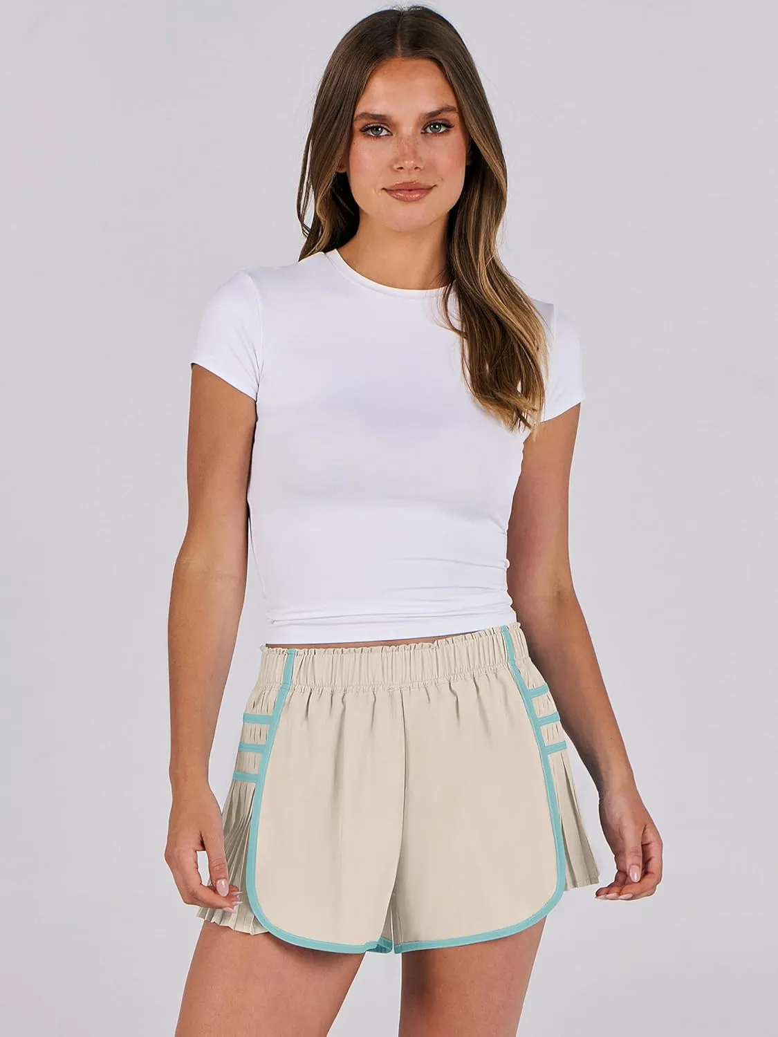 Caracilia Women Running Shorts Flowy Pleated Athletic Shorts Summer High Waisted Tennis Sporty Workout Gym Shorts