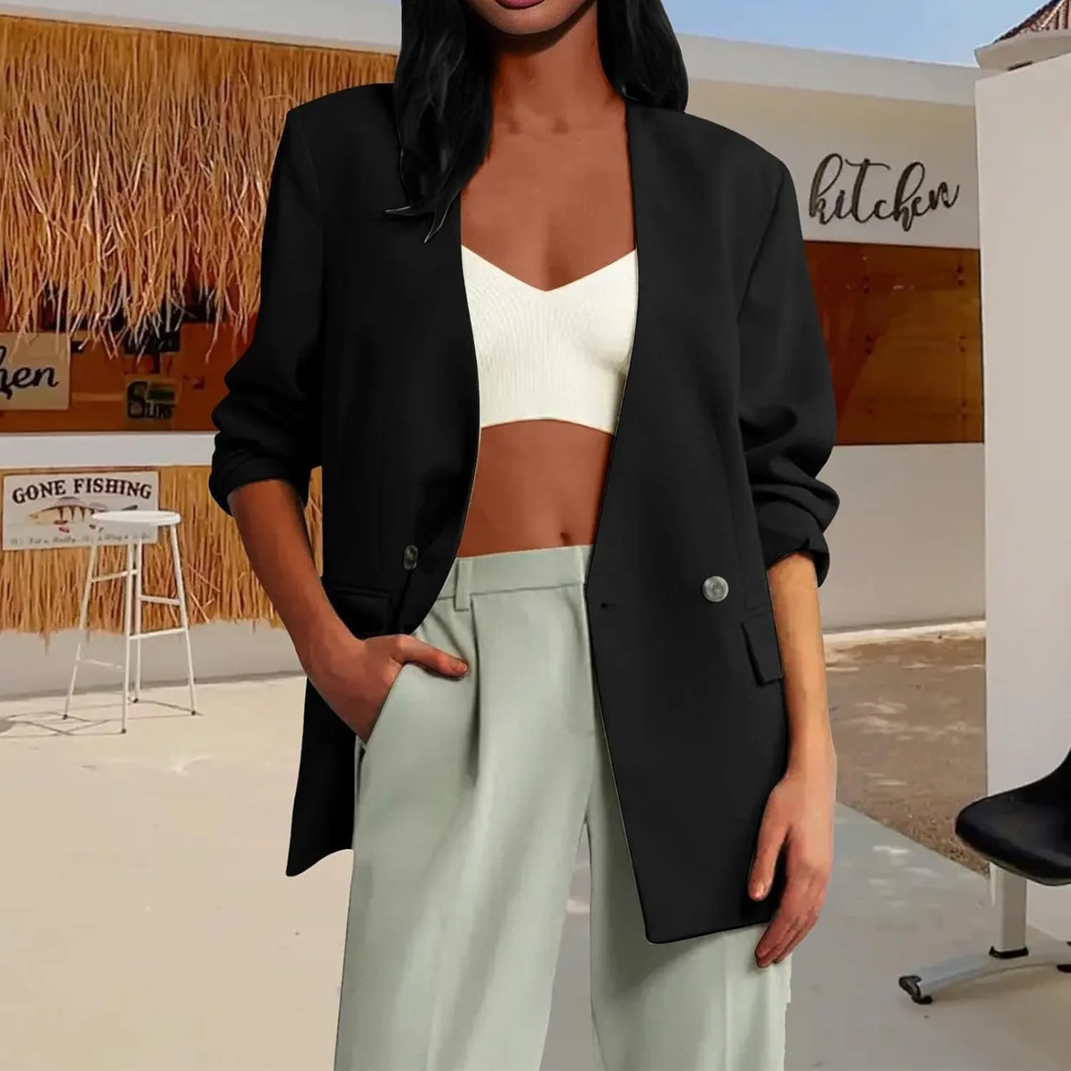 Casual Blazers for Women Business Texture Open Front Shoulder Drop Work Office Blazer Trendy Button Suit Jackets