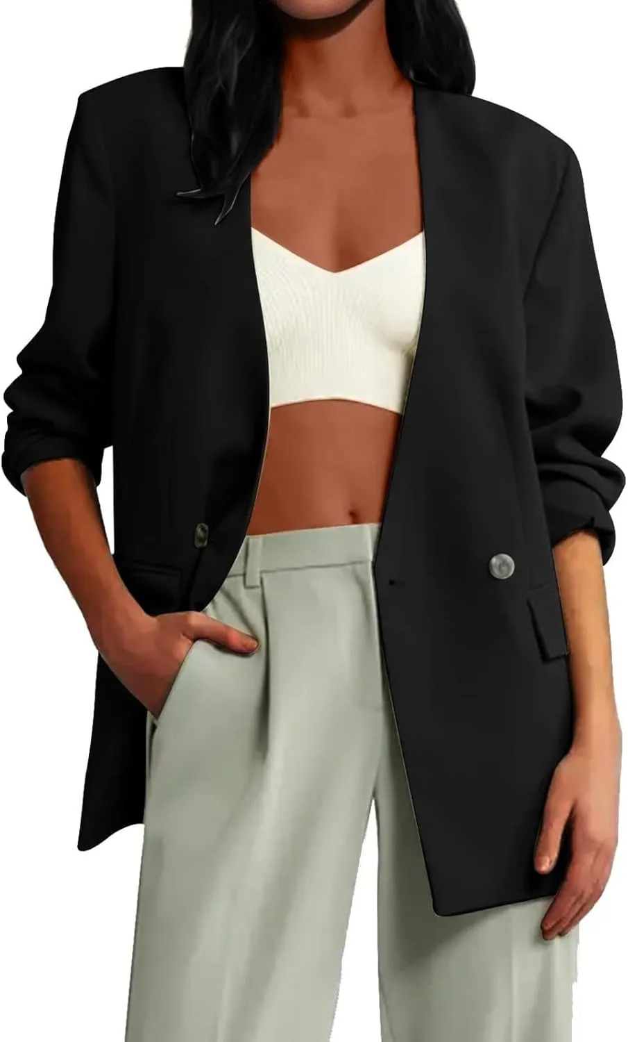 Casual Blazers for Women Business Texture Open Front Shoulder Drop Work Office Blazer Trendy Button Suit Jackets