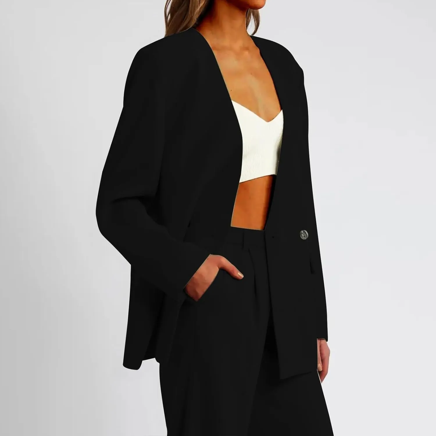 Casual Blazers for Women Business Texture Open Front Shoulder Drop Work Office Blazer Trendy Button Suit Jackets