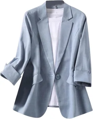 Casual Blazers for Women Trendy One Button Open Front Lapel 3/4 Sleeve Jackets Dressy Solid Color Office Suit Jacket