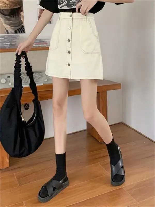 Casual Denim Short Skirts Button Front A Line Knee Length High Waist Skirt with Underpants Pockets Jean Skirt