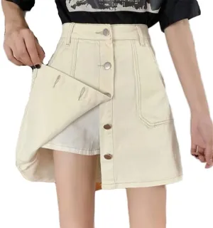 Casual Denim Short Skirts Button Front A Line Knee Length High Waist Skirt with Underpants Pockets Jean Skirt