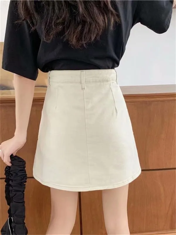 Casual Denim Short Skirts Button Front A Line Knee Length High Waist Skirt with Underpants Pockets Jean Skirt