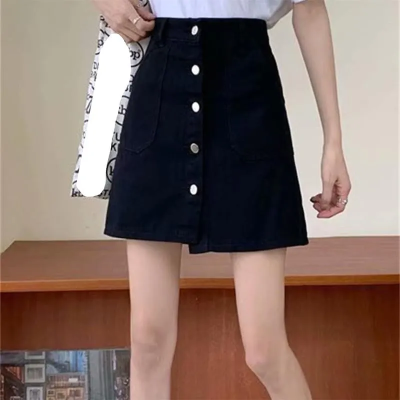 Casual Denim Short Skirts Button Front A Line Knee Length High Waist Skirt with Underpants Pockets Jean Skirt