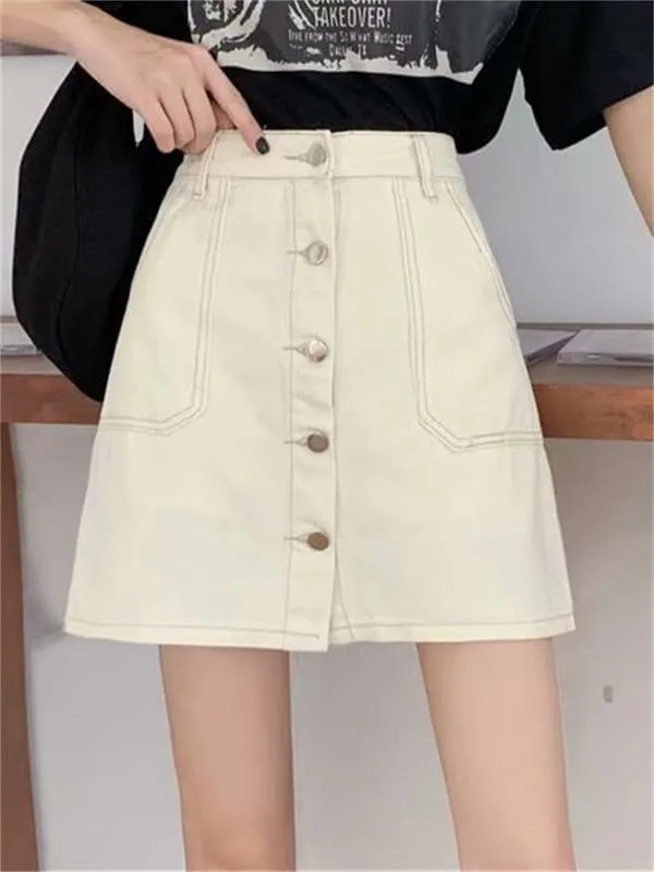 Casual Denim Short Skirts Button Front A Line Knee Length High Waist Skirt with Underpants Pockets Jean Skirt