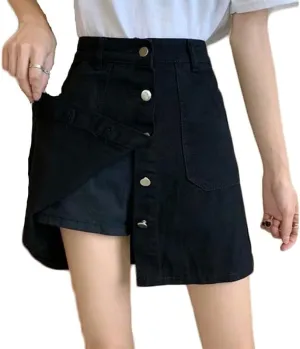 Casual Denim Short Skirts Button Front A Line Knee Length High Waist Skirt with Underpants Pockets Jean Skirt
