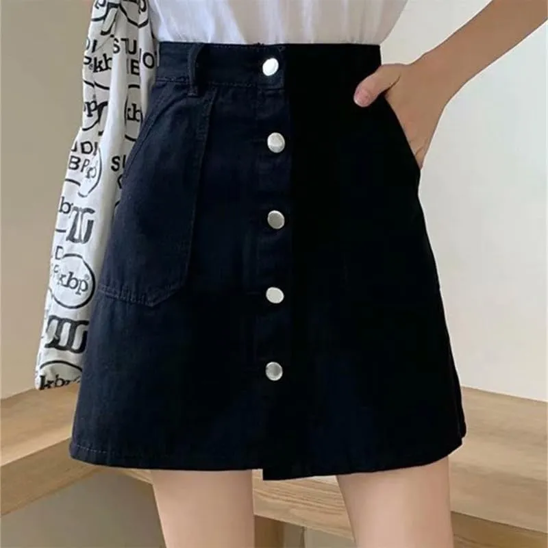 Casual Denim Short Skirts Button Front A Line Knee Length High Waist Skirt with Underpants Pockets Jean Skirt