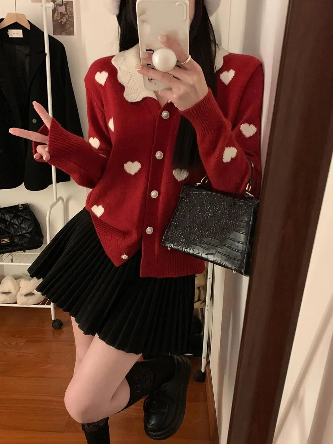 CHARTOU Women's Fall 2 Piece Outfits Pleated A Line Mini Skirt Sets Cotton V Neck Pearl Button Sweater Sets