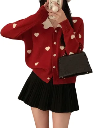 CHARTOU Women's Fall 2 Piece Outfits Pleated A Line Mini Skirt Sets Cotton V Neck Pearl Button Sweater Sets
