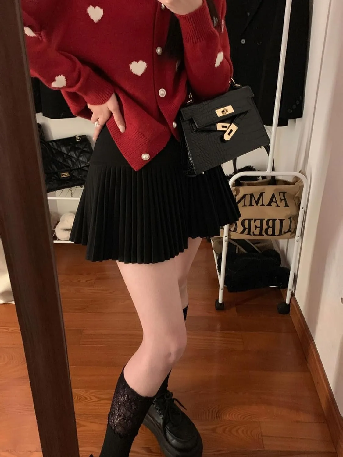 CHARTOU Women's Fall 2 Piece Outfits Pleated A Line Mini Skirt Sets Cotton V Neck Pearl Button Sweater Sets