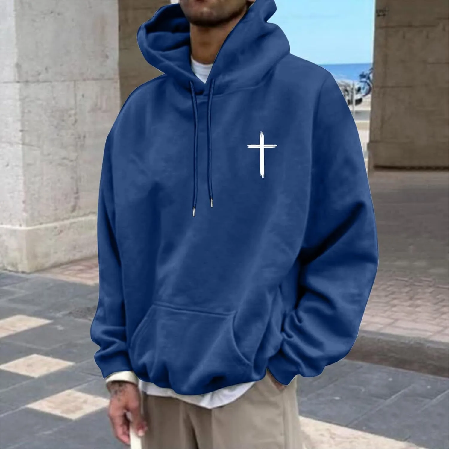 Christian Hoodie for Men God Loves You Letter Print Crewneck Causal Sweatshirt with Pocket Fall Drawstring Aesthetic Hoodies