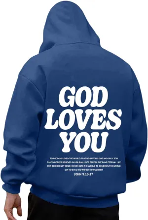 Christian Hoodie for Men God Loves You Letter Print Crewneck Causal Sweatshirt with Pocket Fall Drawstring Aesthetic Hoodies
