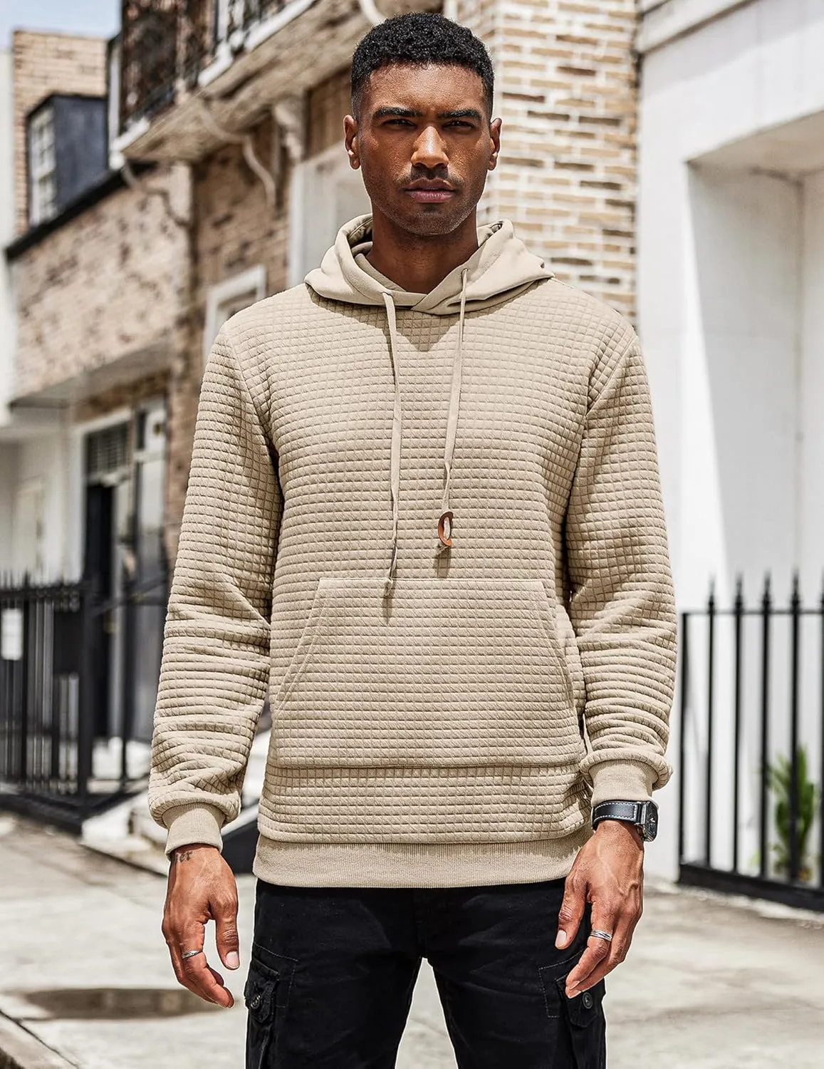 COOFANDY Mens Hoodies Sweatshirts Long Sleeve Fashion Waffle Knit Pullover Hoodie with Pocket