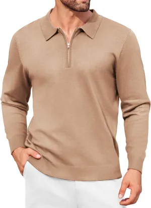 COOFANDY Mens Knit Polo Shirt Quarter Zip Slim Fit Pullover Long Sleeve Sweater Polo