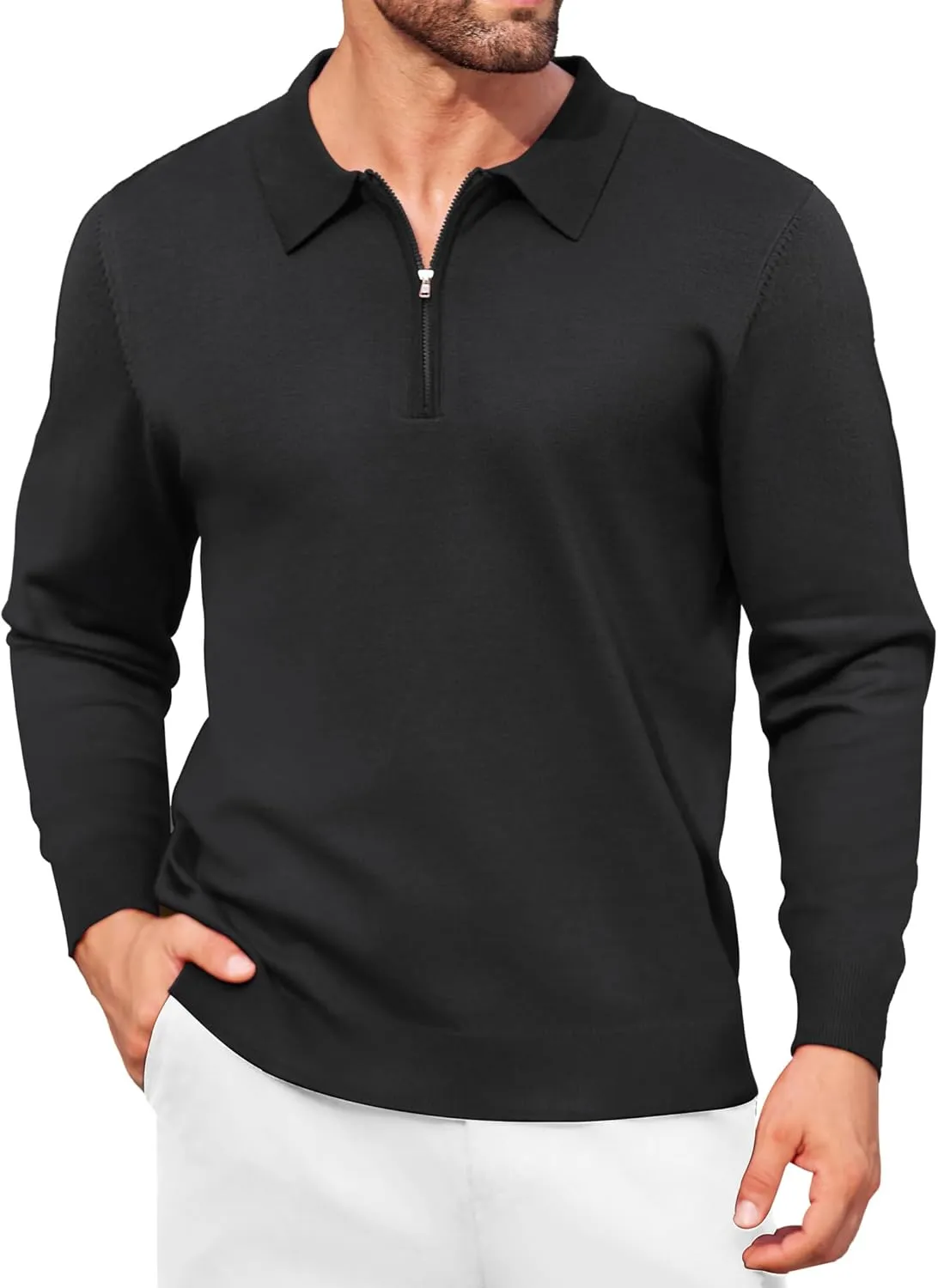 COOFANDY Mens Knit Polo Shirt Quarter Zip Slim Fit Pullover Long Sleeve Sweater Polo