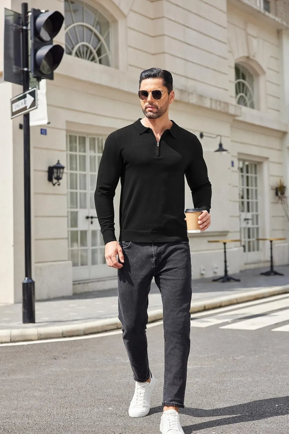 COOFANDY Mens Knit Polo Shirt Quarter Zip Slim Fit Pullover Long Sleeve Sweater Polo