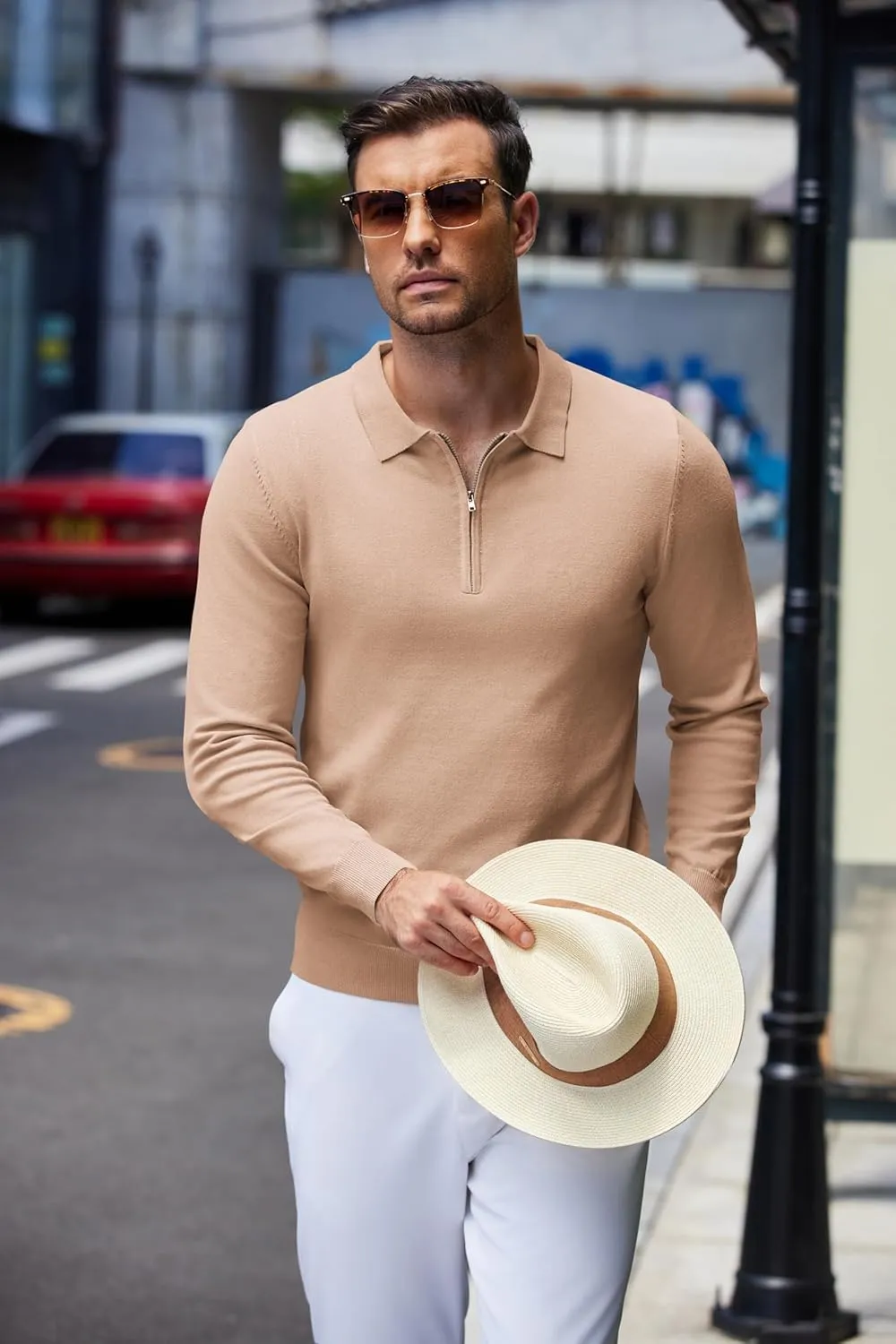 COOFANDY Mens Knit Polo Shirt Quarter Zip Slim Fit Pullover Long Sleeve Sweater Polo