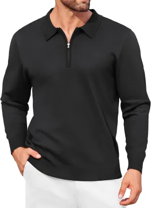 COOFANDY Mens Knit Polo Shirt Quarter Zip Slim Fit Pullover Long Sleeve Sweater Polo