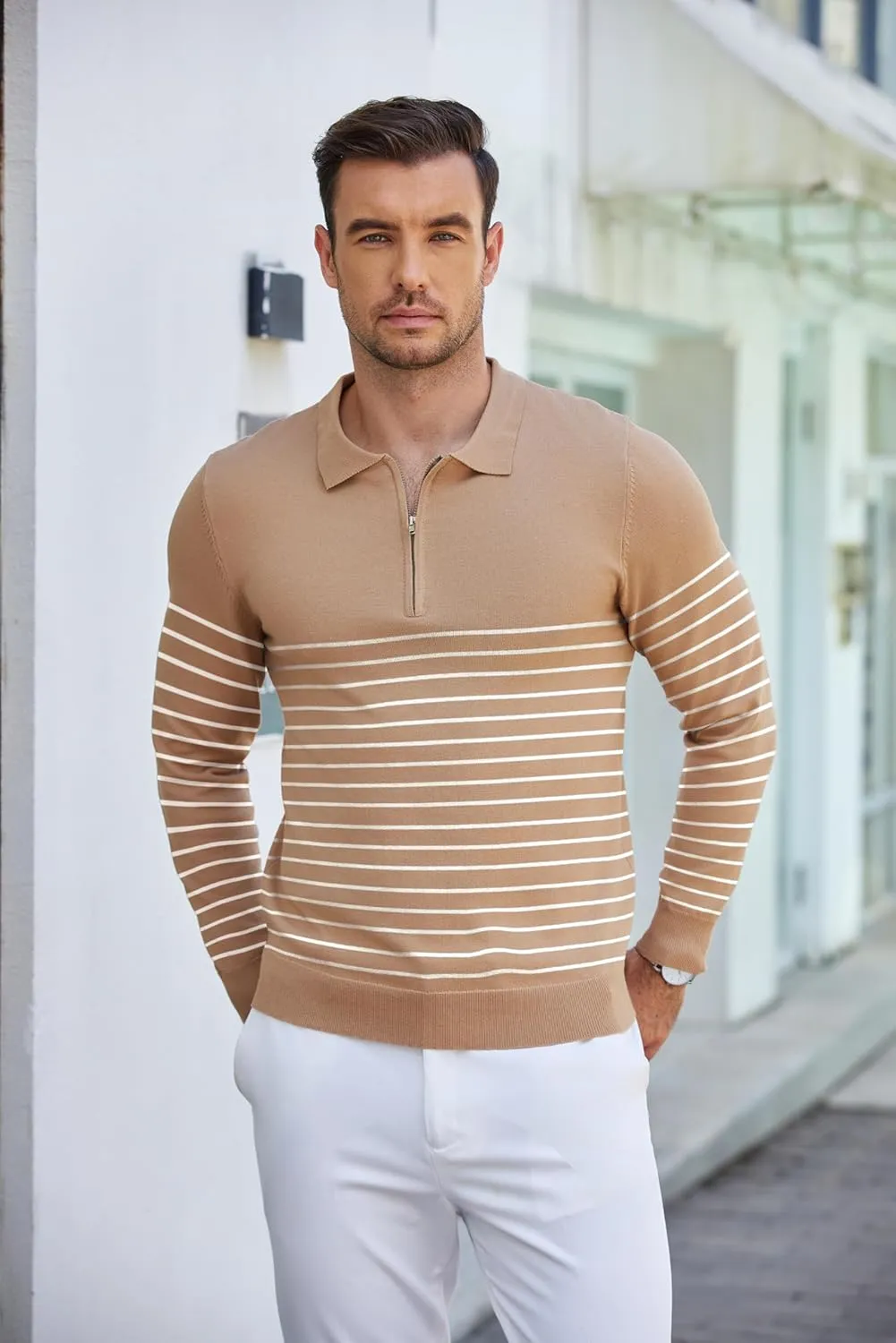 COOFANDY Mens Knit Polo Shirt Quarter Zip Slim Fit Pullover Long Sleeve Sweater Polo