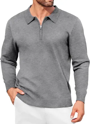 COOFANDY Mens Knit Polo Shirt Quarter Zip Slim Fit Pullover Long Sleeve Sweater Polo