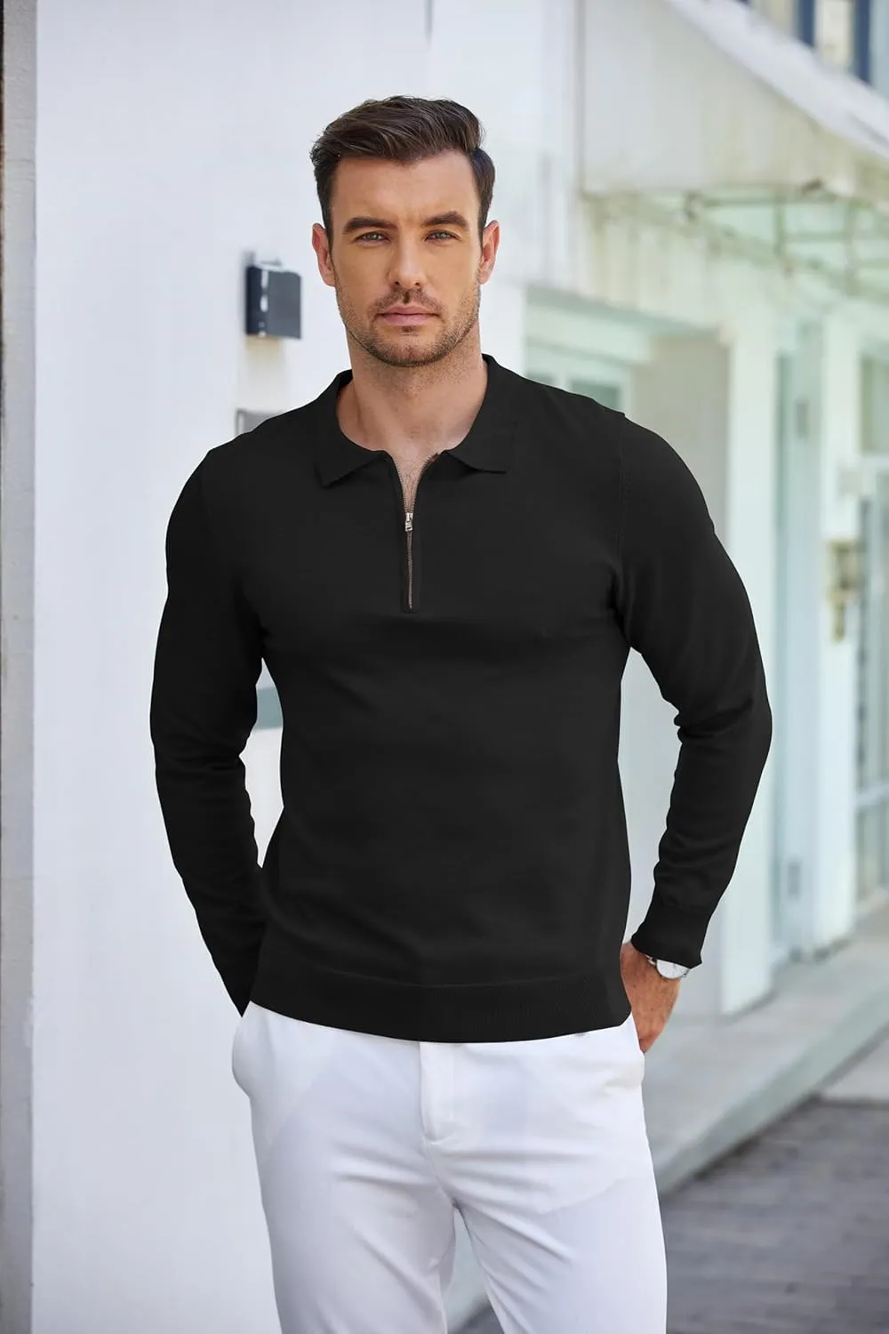 COOFANDY Mens Knit Polo Shirt Quarter Zip Slim Fit Pullover Long Sleeve Sweater Polo