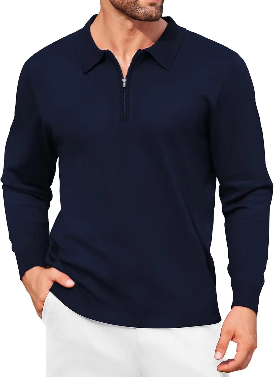 COOFANDY Mens Knit Polo Shirt Quarter Zip Slim Fit Pullover Long Sleeve Sweater Polo
