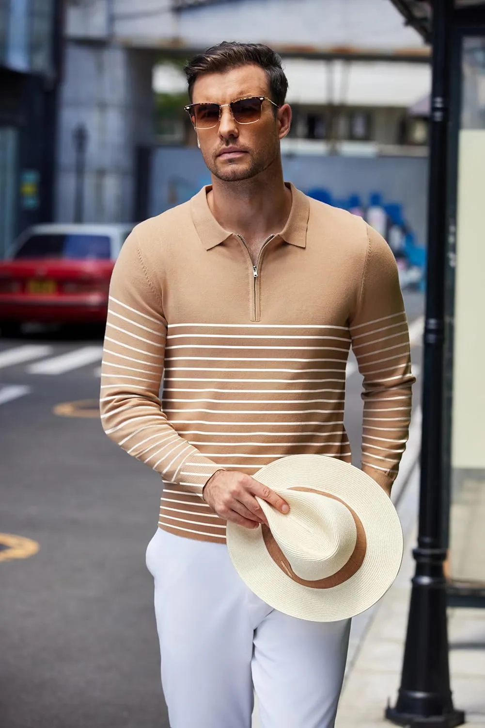 COOFANDY Mens Knit Polo Shirt Quarter Zip Slim Fit Pullover Long Sleeve Sweater Polo