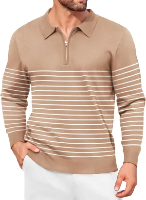 COOFANDY Mens Knit Polo Shirt Quarter Zip Slim Fit Pullover Long Sleeve Sweater Polo