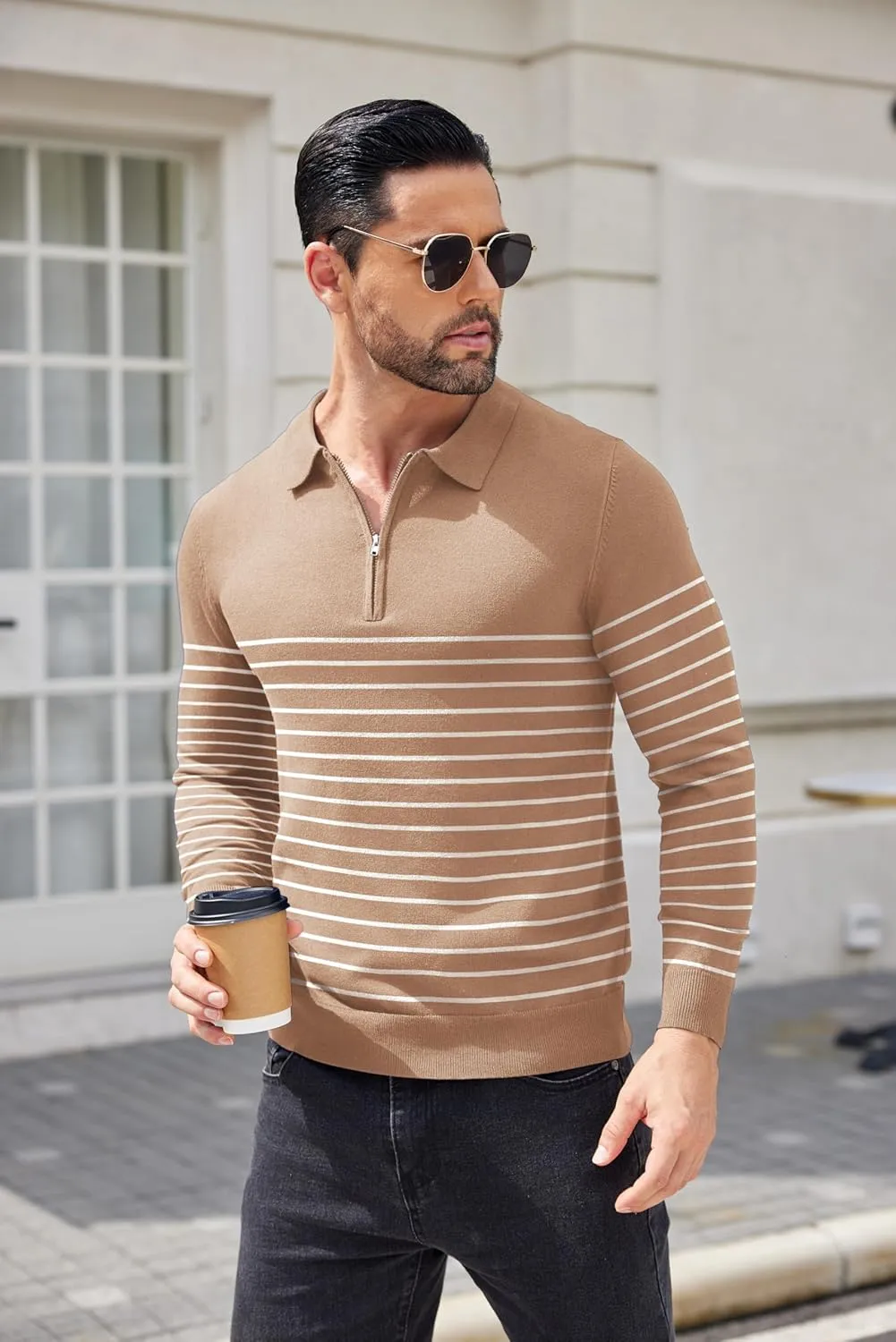 COOFANDY Mens Knit Polo Shirt Quarter Zip Slim Fit Pullover Long Sleeve Sweater Polo