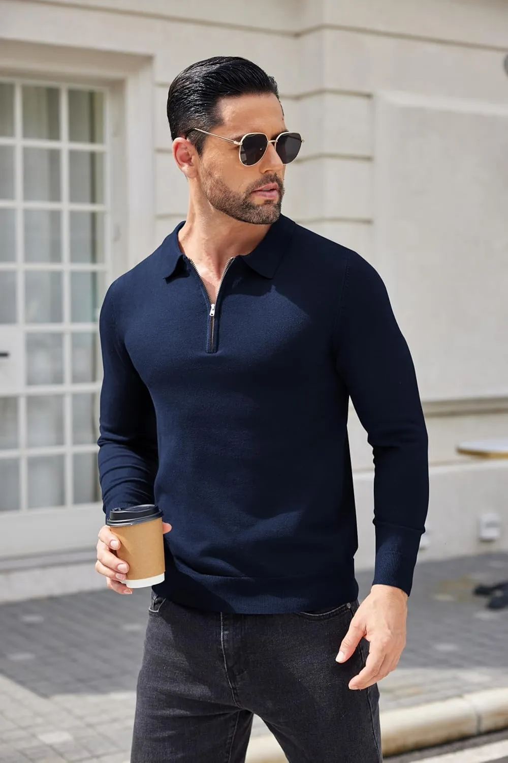 COOFANDY Mens Knit Polo Shirt Quarter Zip Slim Fit Pullover Long Sleeve Sweater Polo