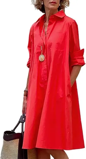 Costaric Womens Cotton Linen Shirt Dress Long Sleeve Button Down V Neck Loose Fit Casual Shirt Dresses with Pockets