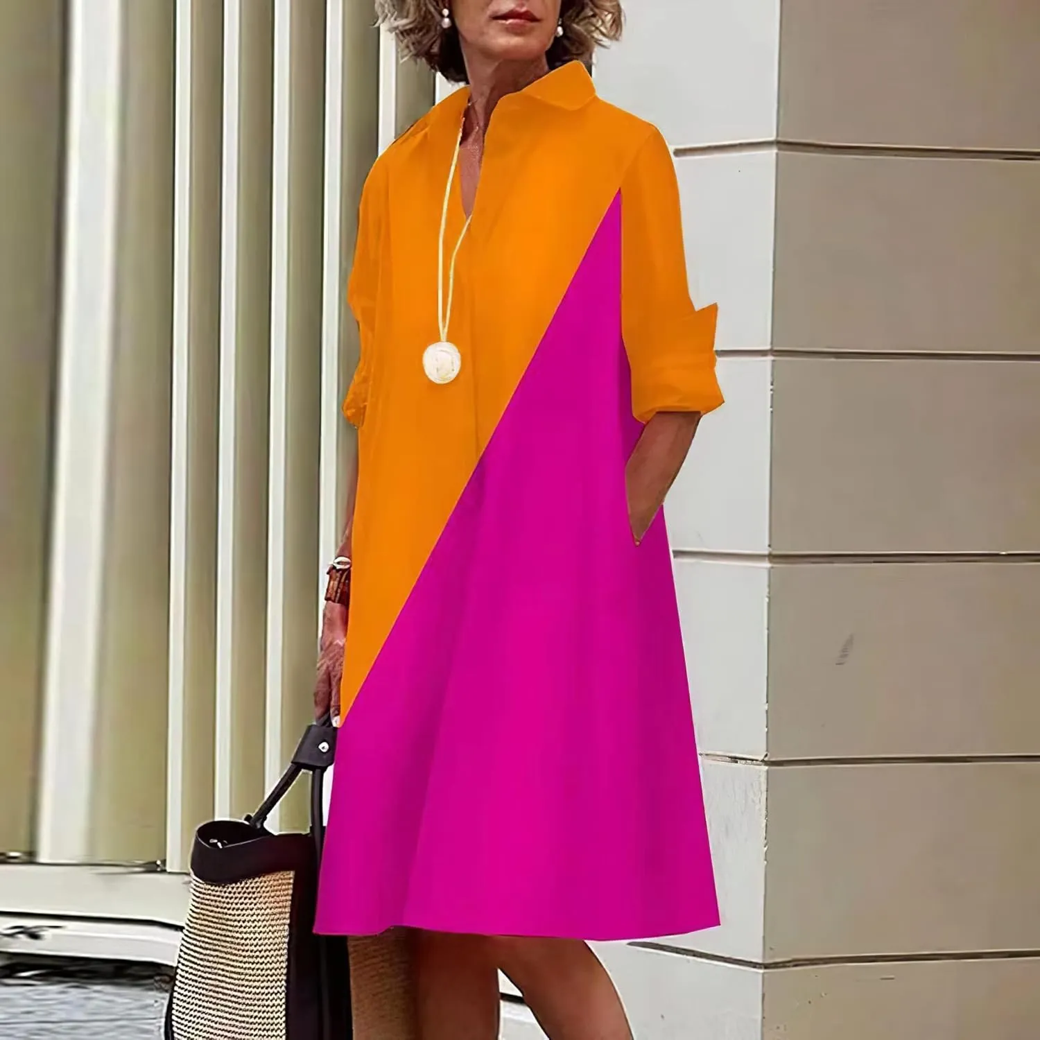 Costaric Womens Cotton Linen Shirt Dress Long Sleeve Button Down V Neck Loose Fit Casual Shirt Dresses with Pockets