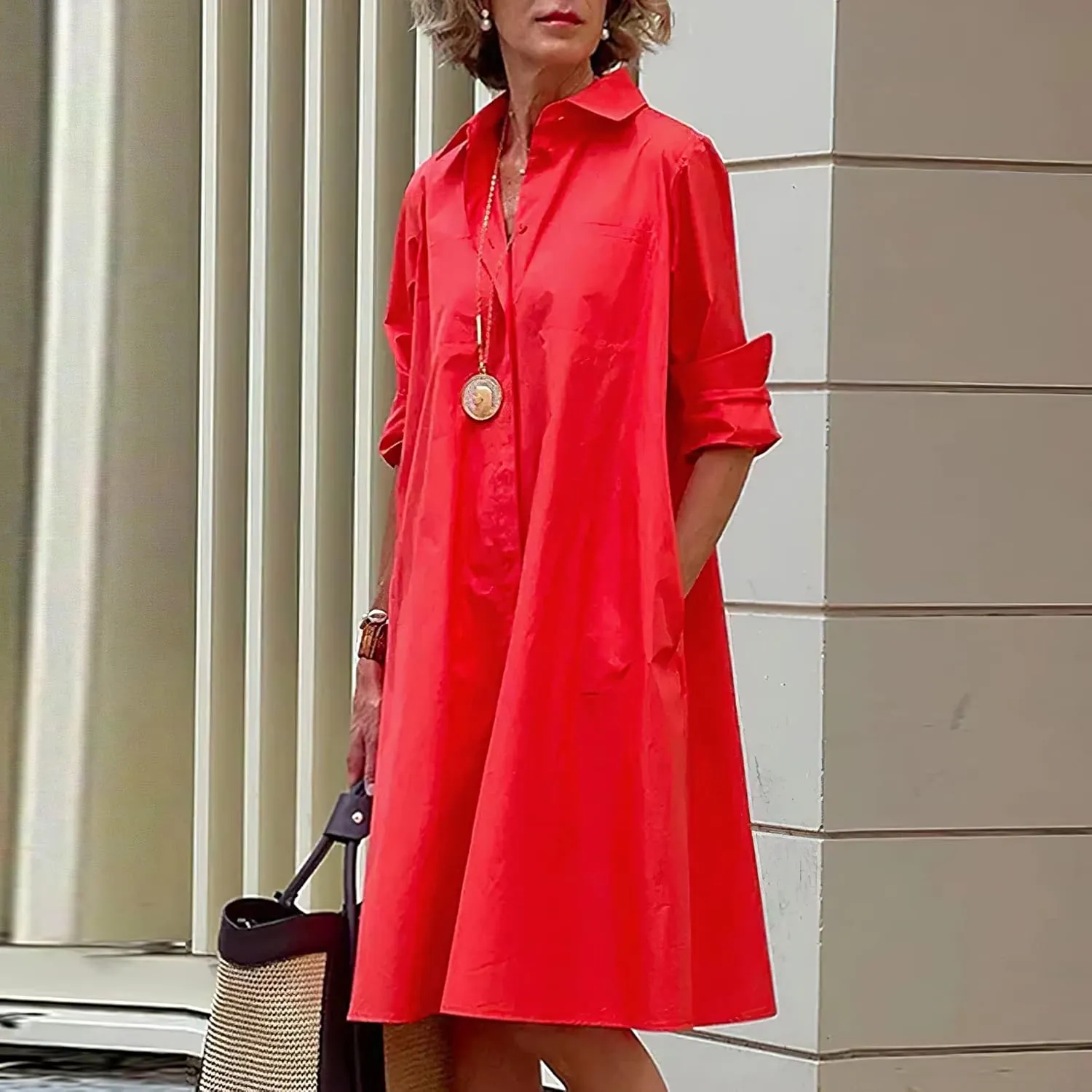 Costaric Womens Cotton Linen Shirt Dress Long Sleeve Button Down V Neck Loose Fit Casual Shirt Dresses with Pockets
