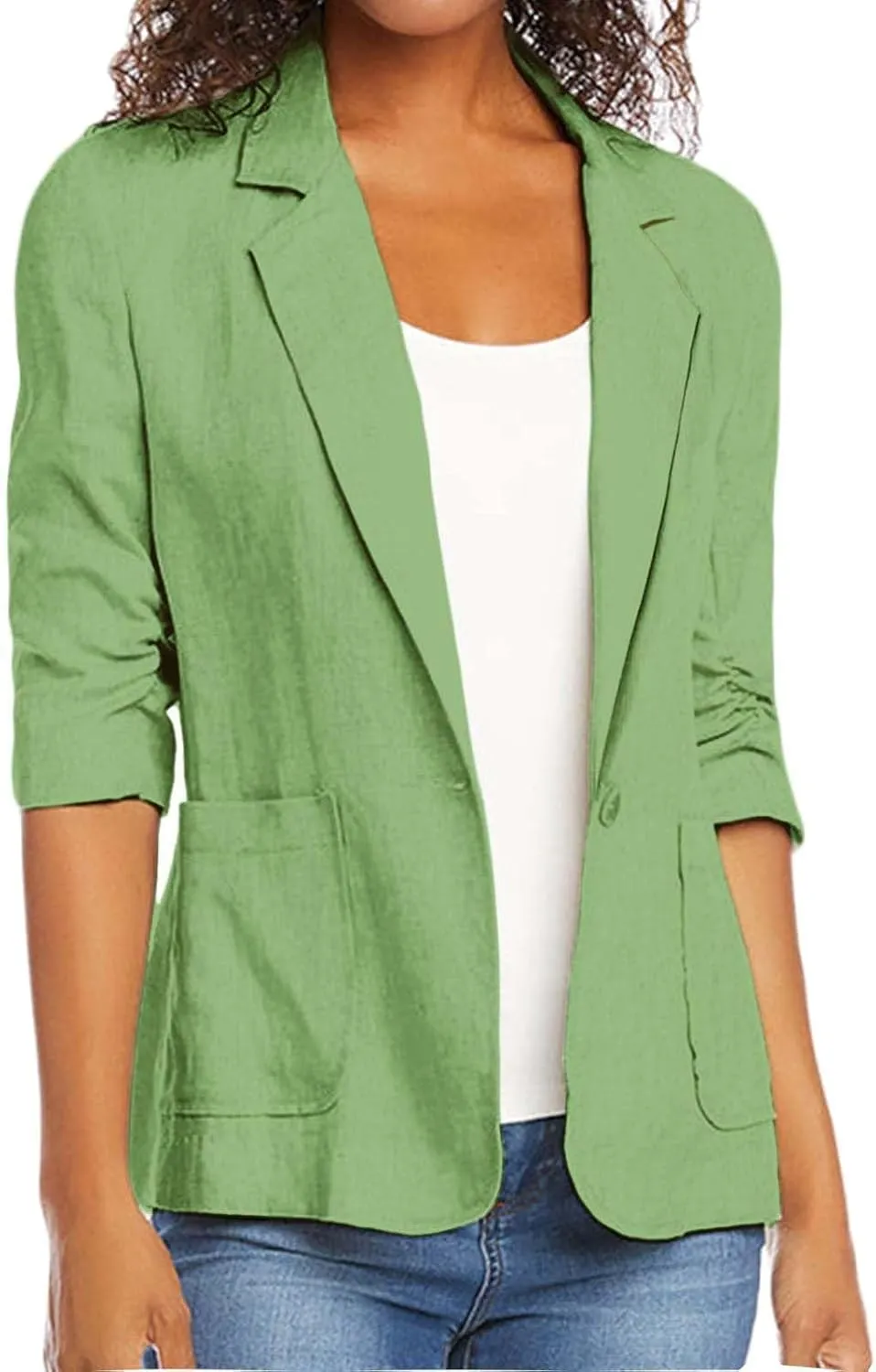 Cotton Linen Blazer Women 3/4 Stretchy Ruched Sleeve Fully Lined Boyfriend Lightweight Breathable Casual Work Jacket