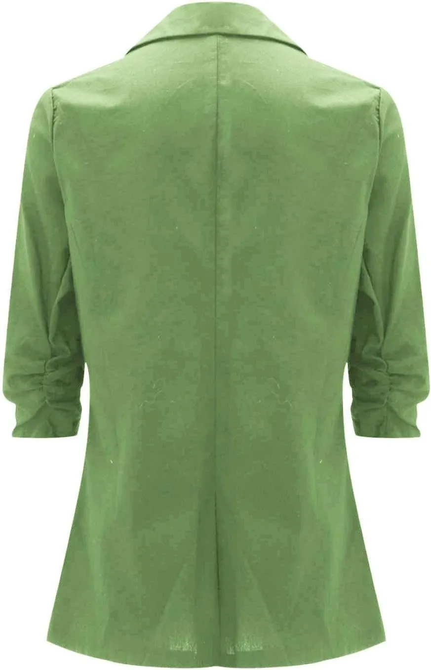 Cotton Linen Blazer Women 3/4 Stretchy Ruched Sleeve Fully Lined Boyfriend Lightweight Breathable Casual Work Jacket