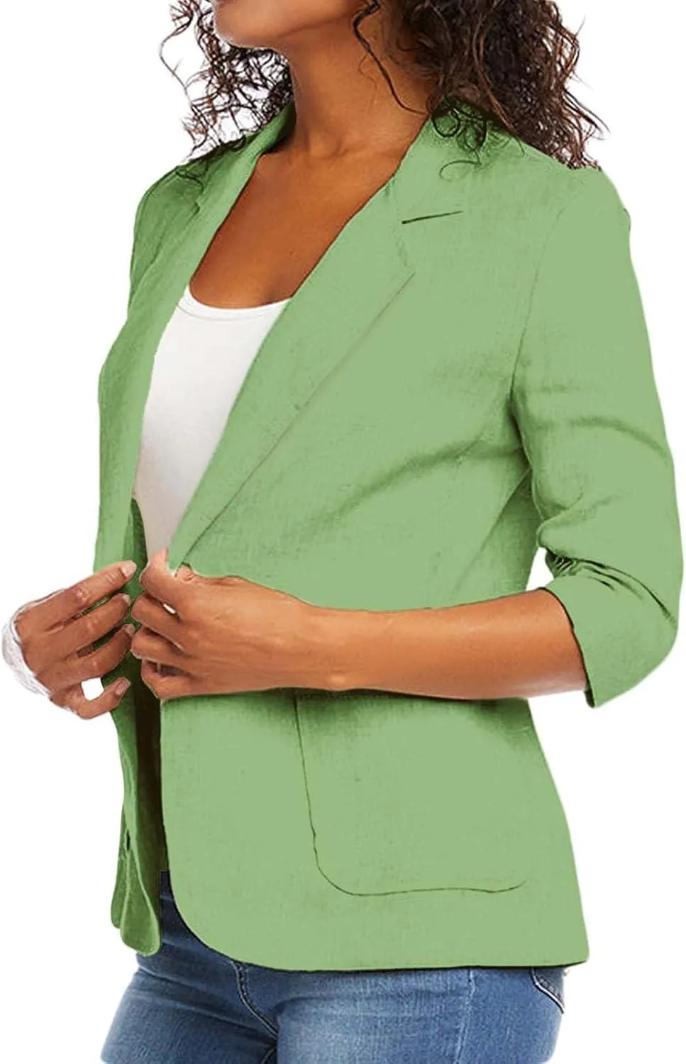 Cotton Linen Blazer Women 3/4 Stretchy Ruched Sleeve Fully Lined Boyfriend Lightweight Breathable Casual Work Jacket